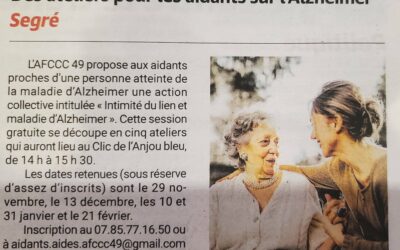 Le journal Le Haut Anjou parle de notre action de sensibilisation à destination des aidants : 23 et 29 Novembre 2024